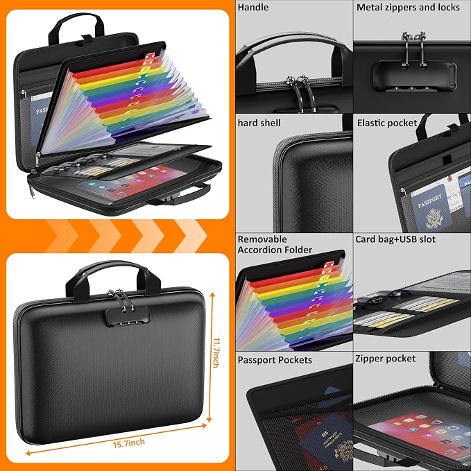 Fireproof File Organizer with Lock, Hard Case Fireproof Document Box with 13 Colorful Pockets Accordion File Folder, Important Document Organizer for Letter A4 Files Laptop Passports (Black)