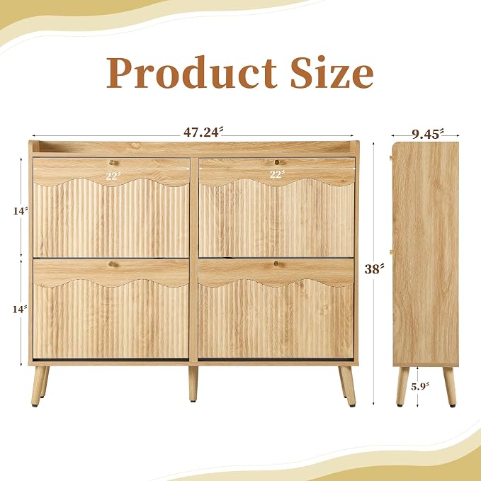 BERRYMERRY 47.2” Shoe Storage Cabinet for Entryway with 4 Flip Drawers, Narrow Shoe Organizer with Wave&Fluted Panel, Freestanding Wood Hidden Shoe Cabinet for Hallway