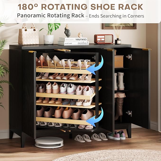 Vlsrka Shoe Storage Cabinet with Fluted Doors and Adjustable Shelves | 6 Tier Wooden Shoe Organizer, Large Capacity, Human Sensor Lighting, 180° Rotating, for Entryway, Hallway, Living Room, Black