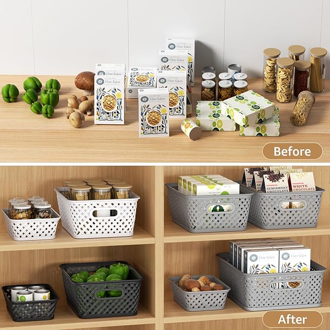 MaxGear 3 Pack Plastic Storage Baskets, Small, Black | Durable Woven Plastic with Built-In Handles, Suitable for Shelves, Closets, Cabinets, Bathrooms and Offices