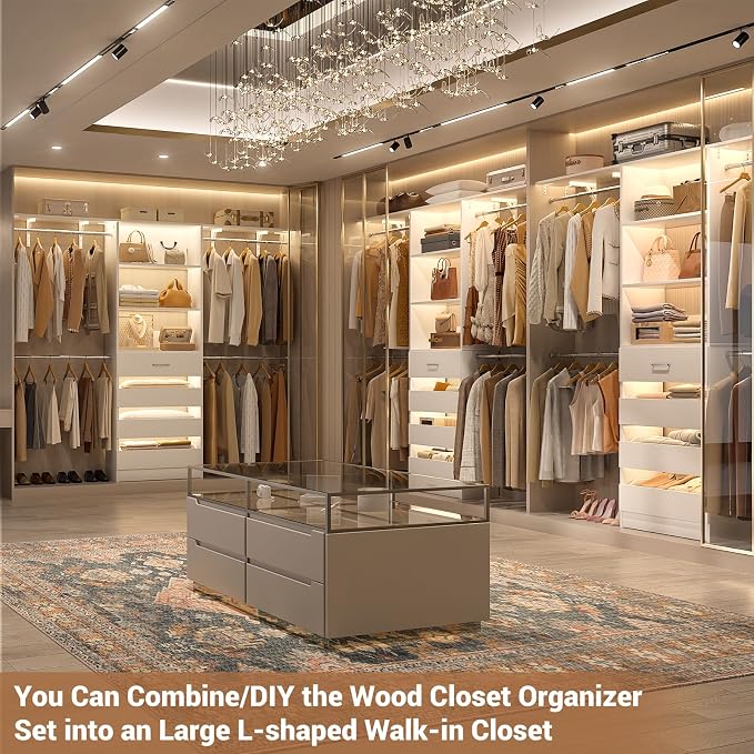 Aheaplus Closet System with 4 Drawers, 8FT Wood Closet Organizer System, 96’’ Walk-in Closet Wardrobe with Tower, 4 Hang Rods, 2 Top Shelves, Built In Closet Insert System, Fits Spaces 4-9 ft, White