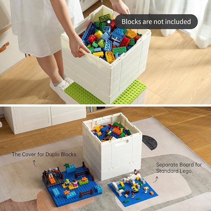 SHIMOYAMA Collapsible Kids Storage Box with Building Base for Lego Duplo Blocks, 26 Qt. Toy Organizer for Boys and Girls, 25L Stackable Toy Chests for Children, Green