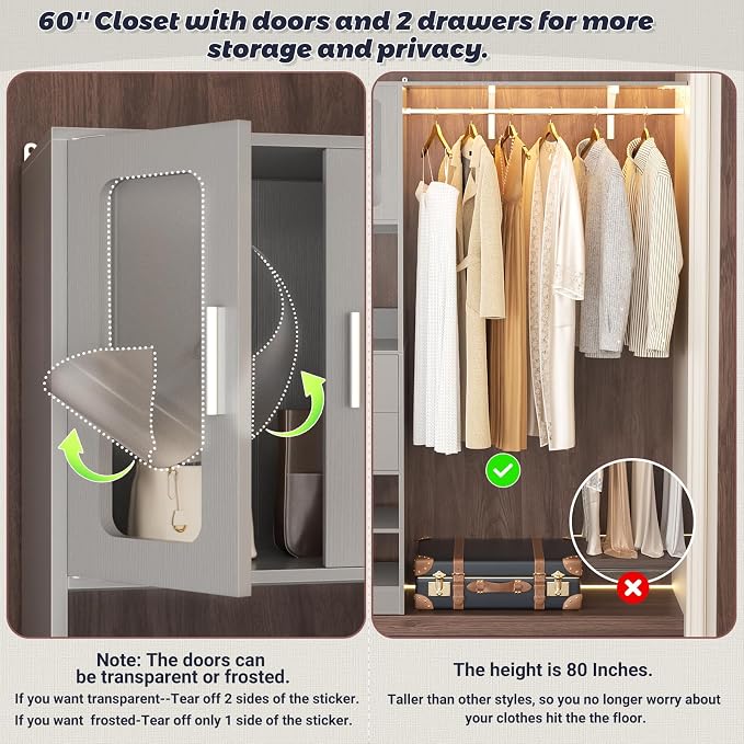 5FT Closet System with Doors and Wooden Drawers, 60'' Reversible Closet Organizer System with Big Wing Shelf and Hanging Rod, 80'' Tall Walk in Wardrobe Closet System with Shelves & Hooks, Grey