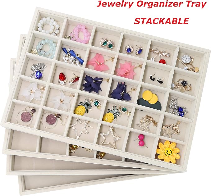 Stratalife 30 Grid Jewelry Organizer Tray, Stackable Drawer Earring Organizer with Adjustable Dividers, Jewelry Display Tray for Necklace Earring Ring Bracelet, 13.8" x 9.4" x 1.2", Beige