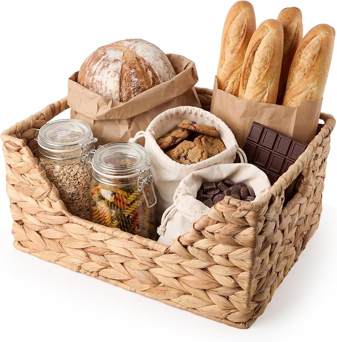 Mifoci Water Hyacinth Wicker Storage Basket with Open Front Stackable Bin Basket and Handles for Pantry Shelves Gift Toys Decorative Natural Rectangular Handwoven Basket for Home Decor