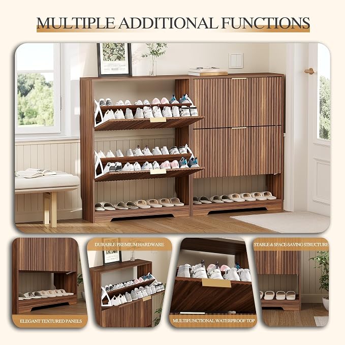 Garvee Shoe Storage Cabinet with 2 Flip Drawers,Slim Fluted Shoe Rack Cabinet with Open Storage,Wooden Hidden Shoe Rack Freestanding Narrow Shoes Organizer for Hallway, Entrance,Foyer,Walnut