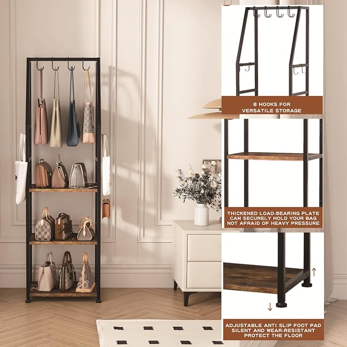 Hall Tree with Hanging Hooks,Heavy-Duty Metal Coat Rack with Shoe Shelves,3-Tier Purse Stand Handbag Organizer，Suitable for Hallway,Bedroom and Bathroom (Brown)