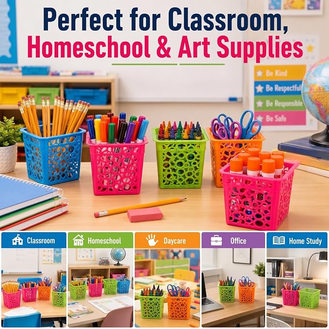 Chinco 12 Pcs Plastic Pencil Holder Cups for Classroom Desk, 4 Colors | 12-pack Plastic Pencil Holder Cups, Classroom Desk Organizer, Teacher Supplies, Markers Crayons Erasers, 4 Bright Colors