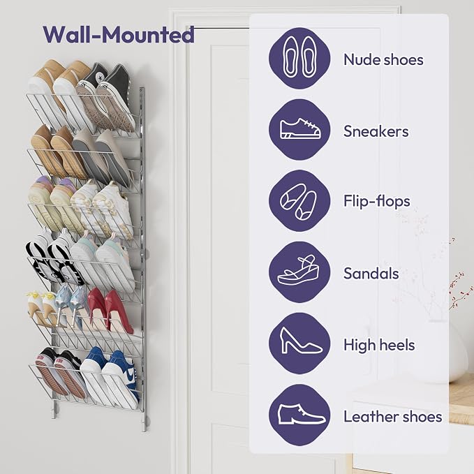 SWTYMIKI Over the Door Shoe Organizer - Adjustable 6 Tier Hanging Shoe Rack Organizer, Metal Heavy Duty Behind Door Storage or Wall Mount Shoes Shelf for Flats, Heels, Sneakers, Boots, Silver