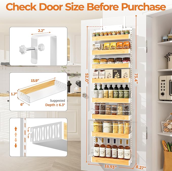 8-Tier White Door Mounted Hanging Spice Rack Shelves for Kitchen Home | Over-Door Pantry Organizer Spice Rack Back of Door Organizer and Storage with Anti-drop Rod & Adjustable Basket