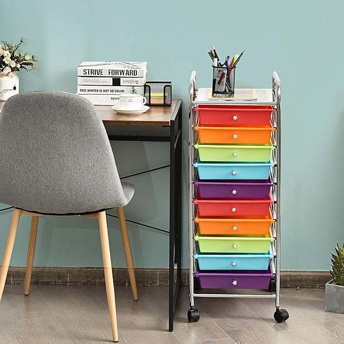 LDAILY 20-Drawer Rolling Storage Cart, Rolling Storage Cart, Storage Organizer on Wheels, Metal Frame, Scrapbook Paper Tools, Suitable for Office School, Classroom (Multicolor, 10 Drawer)