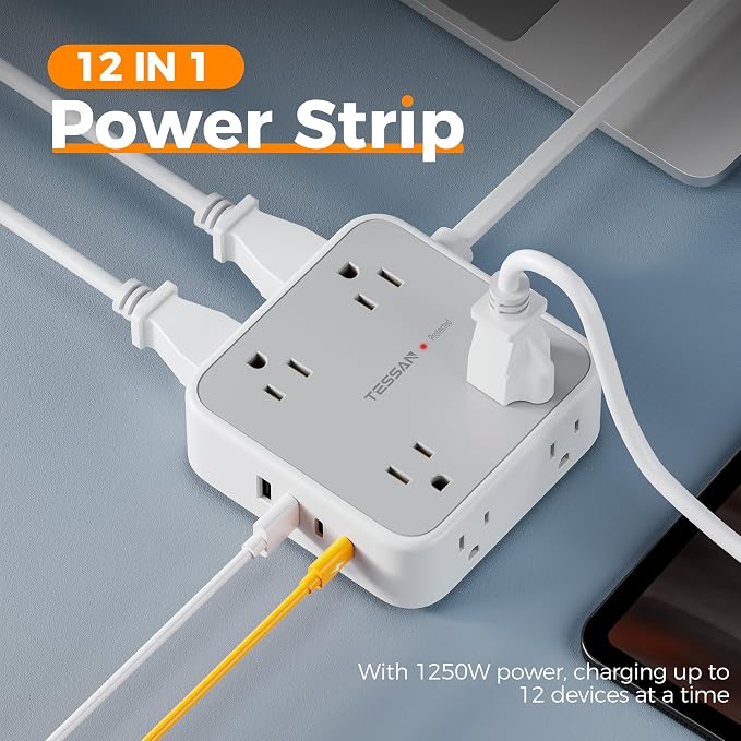 TESSAN Surge Protector Power Strip, 5 Ft Flat Plug Extension Cord with 4 USB (2 USB C) 8 Outlets, 900J Protection, 3 Sided Outlet Extender with Power Switch for Office, Dorm Room, Grey
