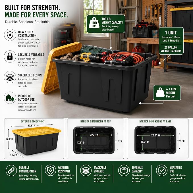 8 Pack 27 Gallon Heavy Duty Storage Totes with Lids, Stackable Plastic Storage Containers, Industrial Organizer Containers for Garage, Basement, Closet, Moving, Camping & Outdoor Storage