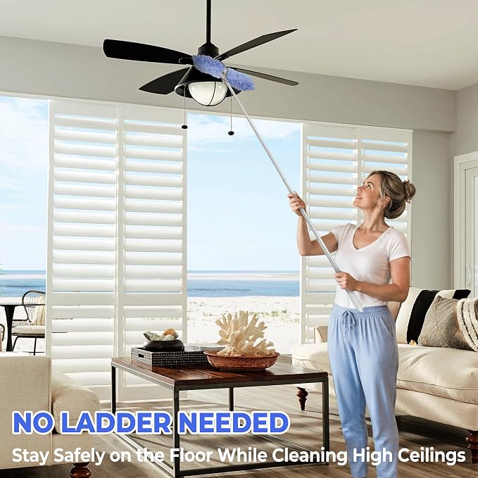 Duster Extended Handle & Long Duster, Compatible with Swiffer, 65.7" Stainless Steel Extension Pole, Locking Angle Fan Duster for Ceiling Fans, Blinds, Tall Cabinets & Home Cleaning Supplies (2 Pack)