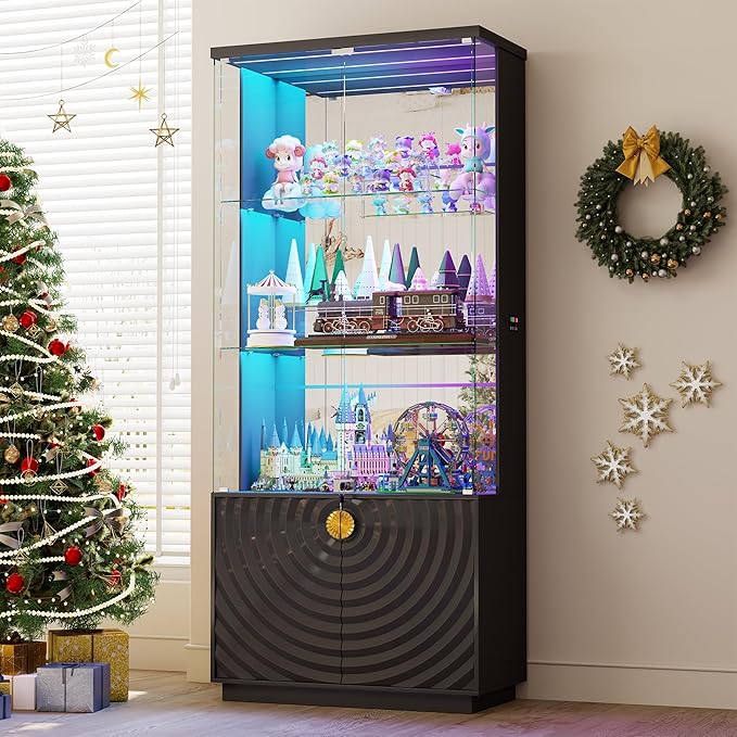 Lvifur 71'' Display Cabinet with Glass Doors,4-Tier Curio Cabinet with 3-Color Lights for Collectibles,Lockable Glass Display Case with Human Body Sensor,Tall Bookcase w/Shelves&Drawers,Black
