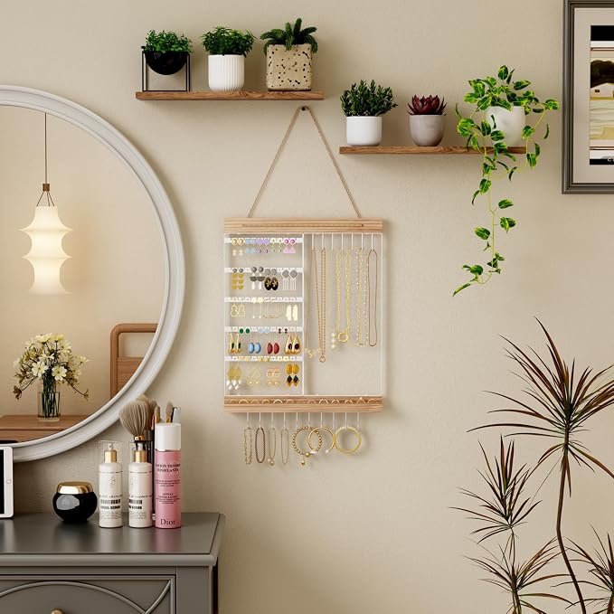 Feyejade Hanging Jewelry Organizer and Storage, 5-Tier White Earring Necklace Holder Jewelry Display Organizer Stand Rack, Wall Mounted for Earrings Necklaces Bracelets and Rings, White