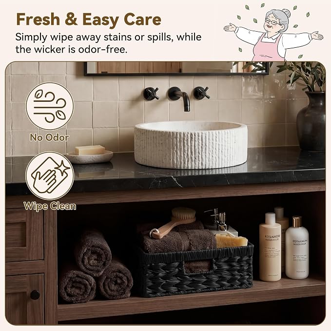 GRANNY SAYS Wicker Basket for Organizing, Wicker Storage Basket for Shelves, Woven Basket for Pantry Storage, Shallow Basket, Black, 1-Pack