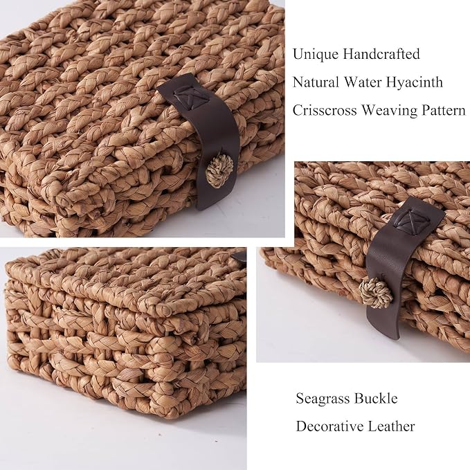 Decorative Box with Lid, Wicker Storage Basket, Water Hyacinth Woven Decorative box for Shelf, Coffee Table, Console Table, Home Decor (Large)
