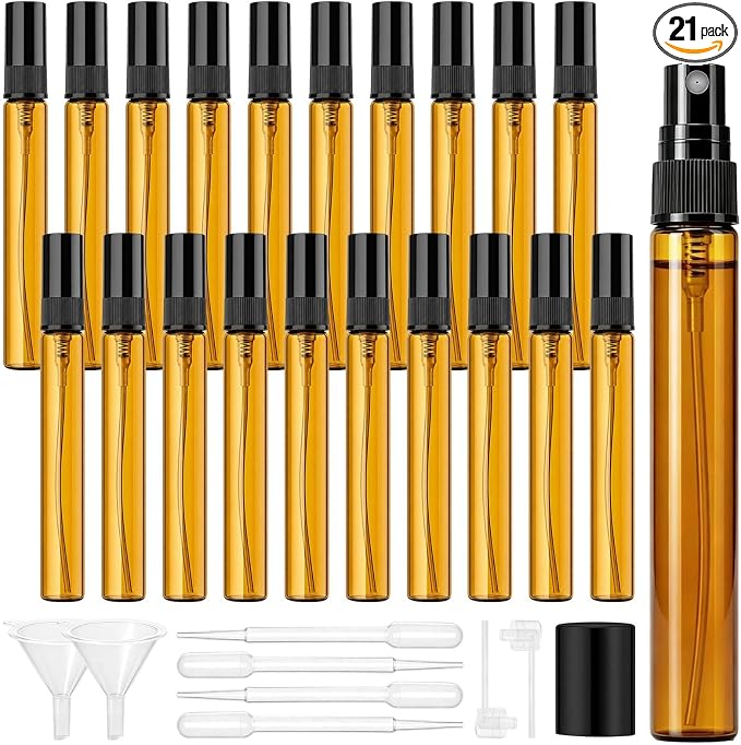 21 Packs Mini Glass Spray Bottles, 10ml Empty Amber Glass Perfume Atomizers | Bulk Refillable Fine Mist Perfume Containers,Travel-size Sample Spray Bottle for Perfume, Essential Oils (Black Caps)