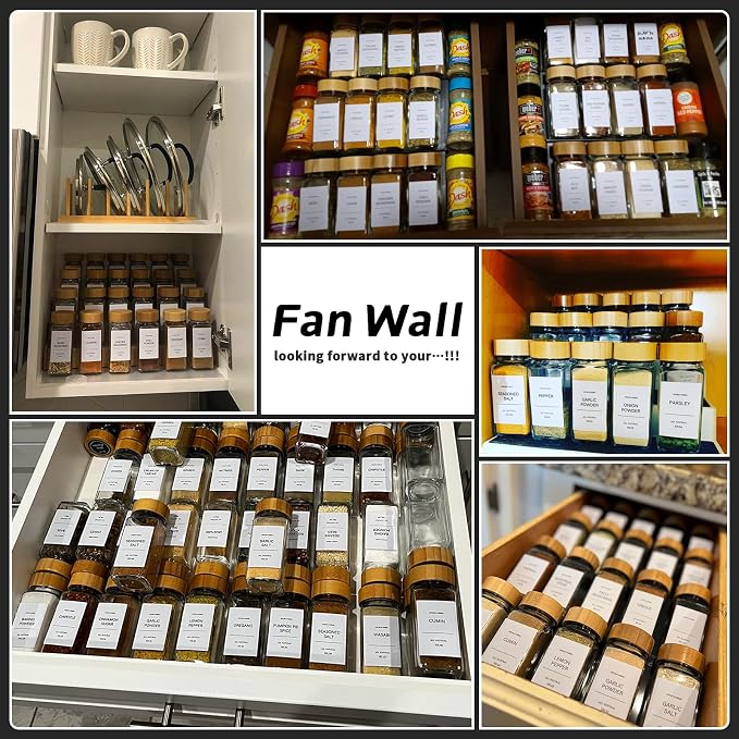 DIMBRAH Spice Jars with Label-4oz 36Pcs, Glass Spice Jars with Bamboo Lids, Container Set with White Printed Labels,Kitchen Empty Jars with Shaker Lids