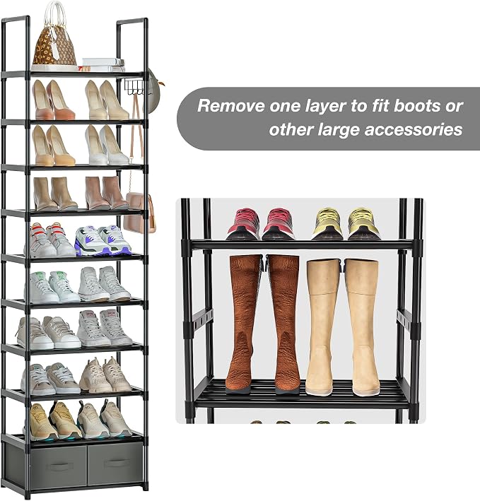 OYREL Tall Shoe Rack Narrow 10 Tier Shoes Rack 20 25 Pairs + 2 Boxes 1 Hook | Shoe Storage Organizer for Closet, Entryway, Living Room,Sturdy Metal Shoe Shelf Shoe Stand Closet Organizers and Storage