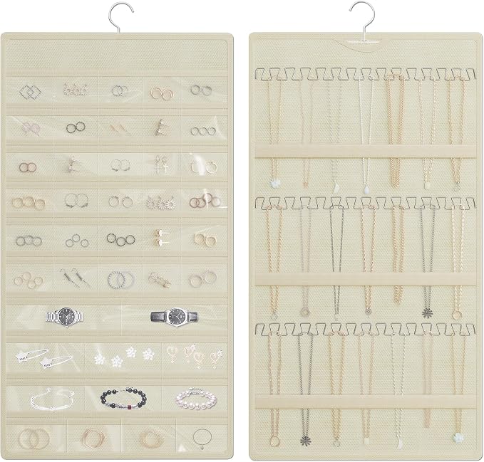 Hanging Jewelry Organizer, Double-Sided Necklaces Holder, Beige | 42 clear pockets organize rings & earrings; 36 wire necklace hooks reduce tangles; top hook hangs in closets, walls or doors.