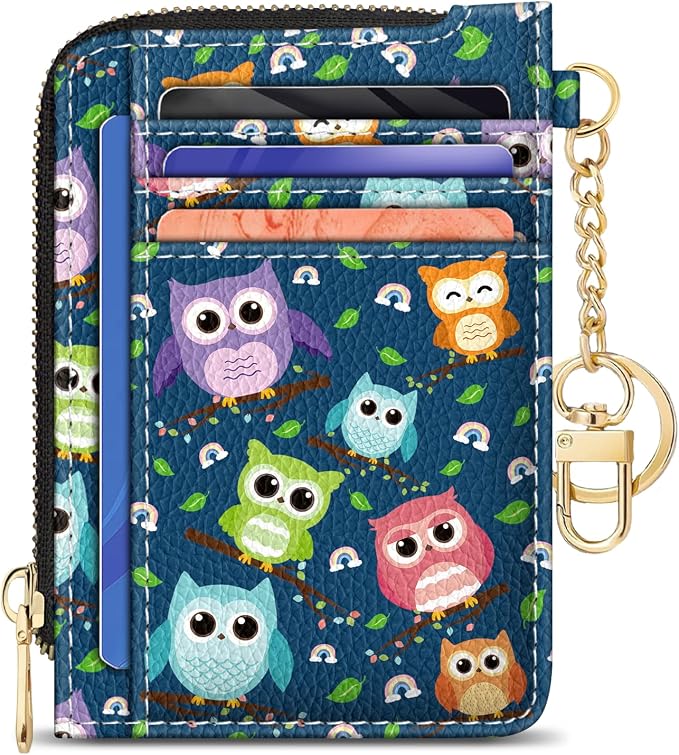 GIANCOMICS Slim Wallet Credit Card Holder Women, Owls Rfid Blocking Small Card Case, Keychain Thin Pocket Curved Zipper Wallet, Travel Card Holder PU Leather ID Window, Ladies Female Gifts