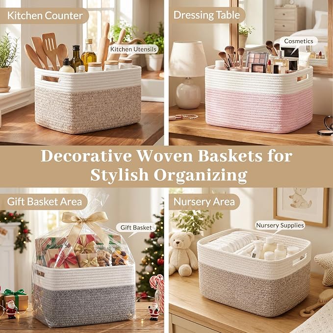 OIAHOMY 4 Pack Storage Basket, 13"x9"x7.8" Cotton Rope Baskets for Shelves, Closet Organizer for Bedroom & Living Room, Soft Decorative Bins for Organizing Towels, Books & Toys, Pink & White