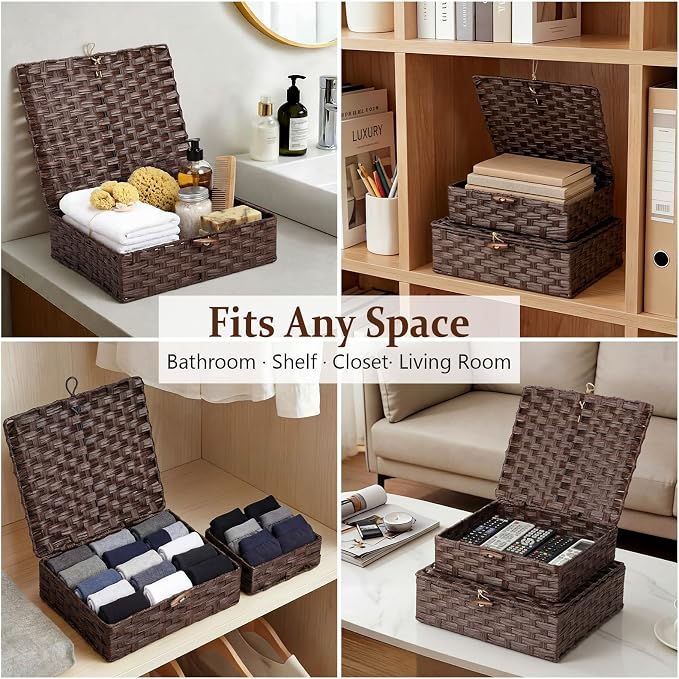 Newtay Set of 4 Woven Wicker Storage Baskets with Lids, Decorative Storage Boxes Lidded Rattan Organizer Bin Home Decor for Shelf, Coffee Table, Closet, Bathroom, Living Room(Plastic,Brown)