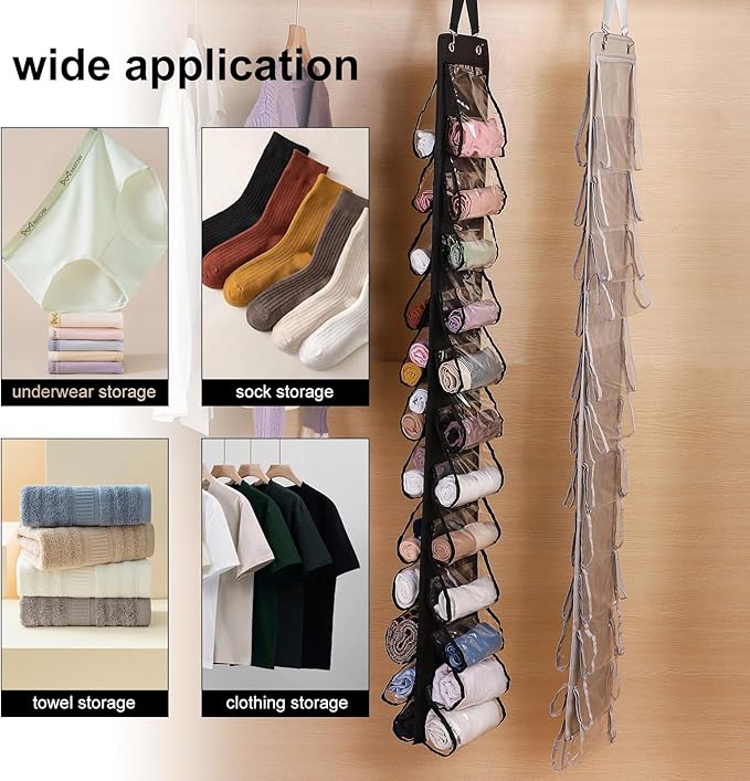 Legging Organizer for Closet Hanging 20 Pockets, Clear Hanging Legging Organizer Closet, Oxford Cloth Legging Storage for Wardrobe Behind Door(2Pack*Black)