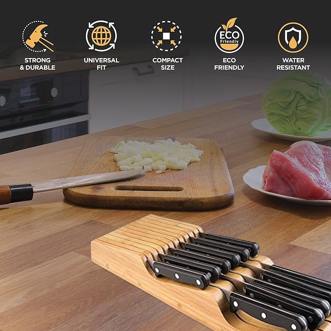 Bambüsi Knife Drawer Organizer - Bamboo Wood In-Drawer Knife Block Holder for Kitchen Drawer, 16 Slot Blade Down Knife Organizer Insert, Fits Chef & Steak Knives, Standard Drawer (Knives Not Included)