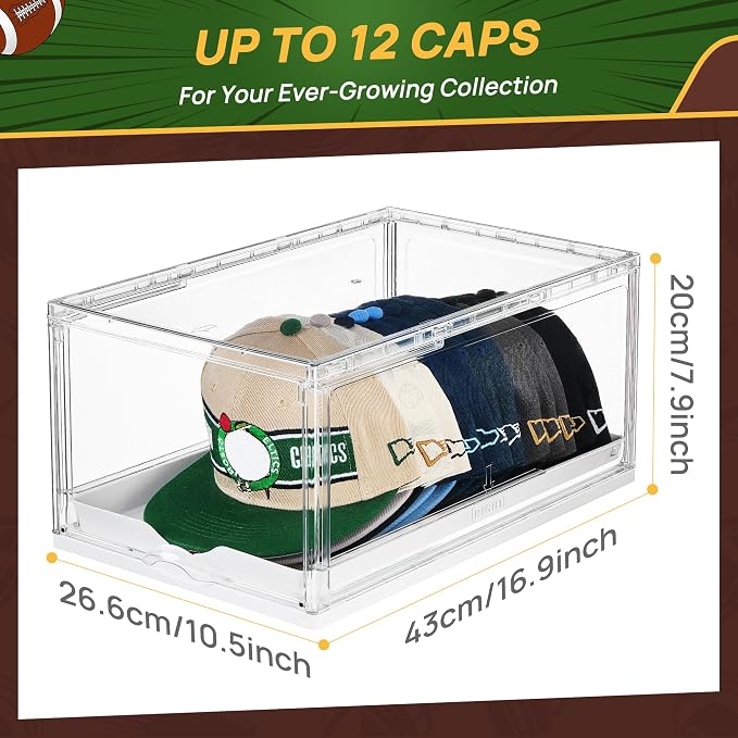 Vtopmart 1 Pack Hat Organizer for Baseball Caps, Clear Hats Holder Box with Drawer, Large Cap Storage with Sliding Tray, Stackable Rack Display Case with Magnetic Door, Each Holds 12 Hats