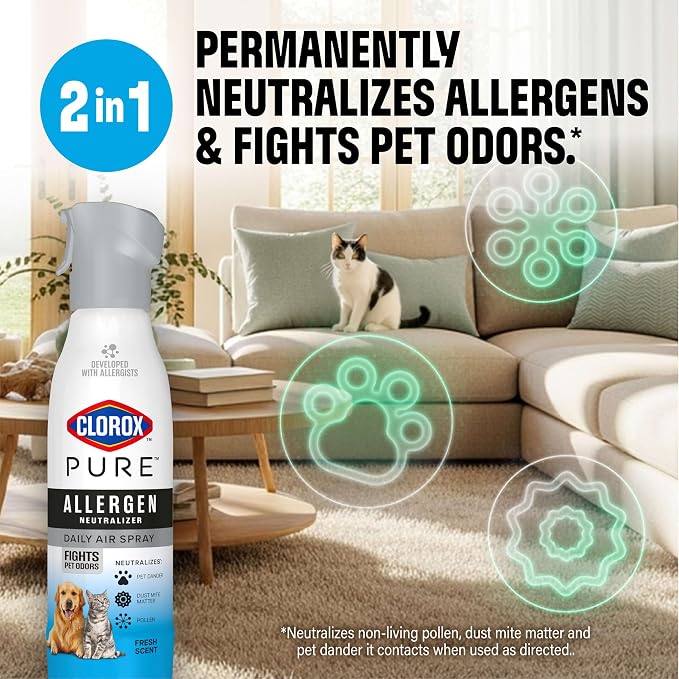 Clorox PURE Allergen Neutralizer Daily Air Spray, Fights Pet Odors, Fresh Scent, 8 Ounces (Pack of 2)