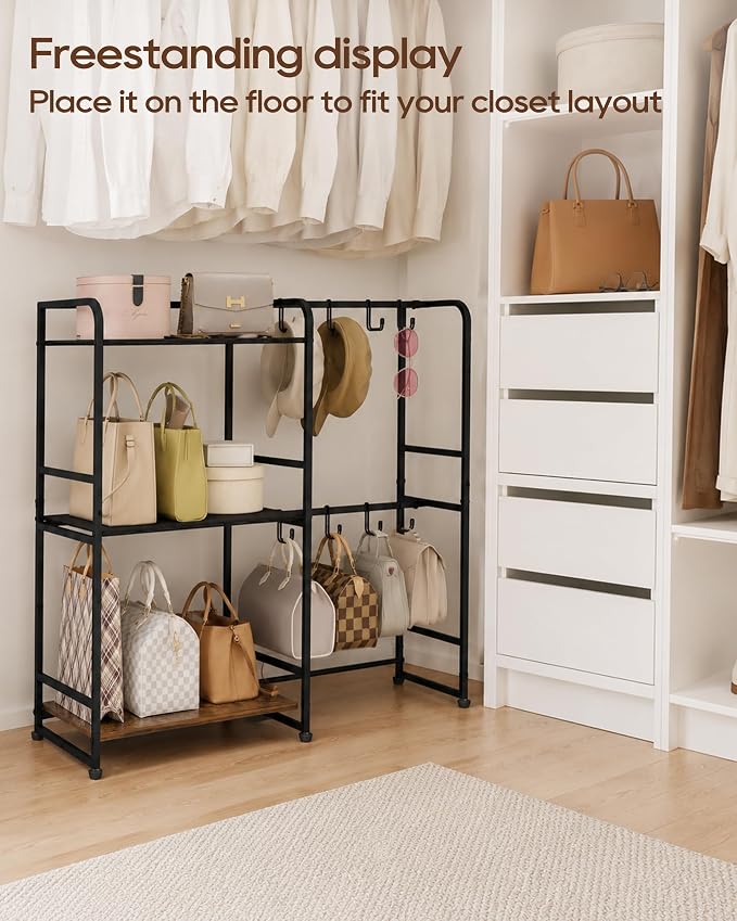 Large Purse Organizer, 3-Tier Purse Rack, Wall Mount or Freestanding | Stores handbags, totes and purses with 12 hooks, Adjustable layout keeps bags visible, freestanding or wall mounted organizer