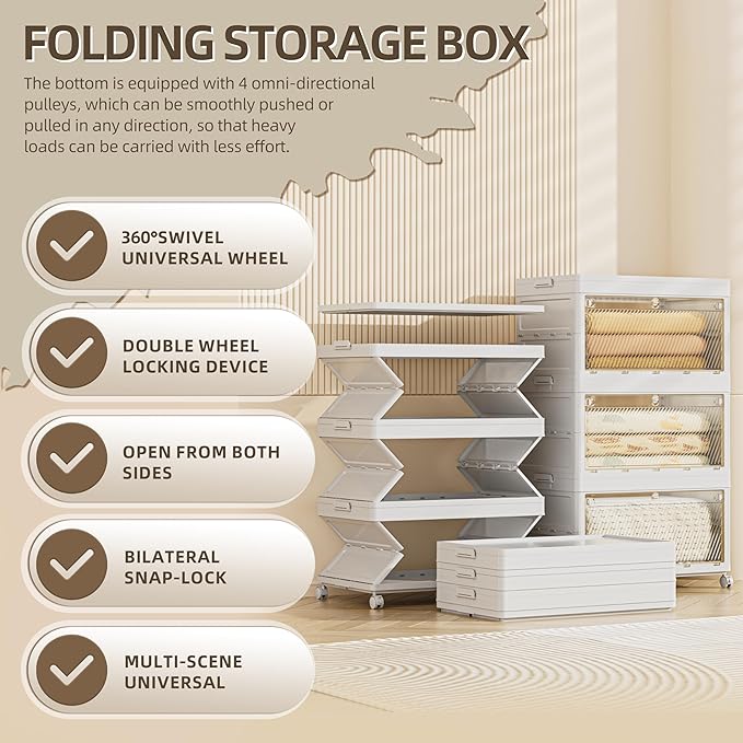 280 QT / 70 Gal Large Foldable Storage Cabinet with Wheels - Extra Capacity, Transparent Front & Back Doors, One-Pull Assembly, Silent Casters for Garage/Stockpile (PP Material)