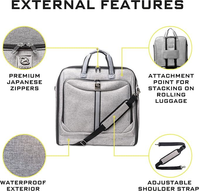 ZEGUR Premium Suit Garment Bag Carry On - Hangs 4 Suits - Travel & Business with Shoulder Strap and Laptop Compartment