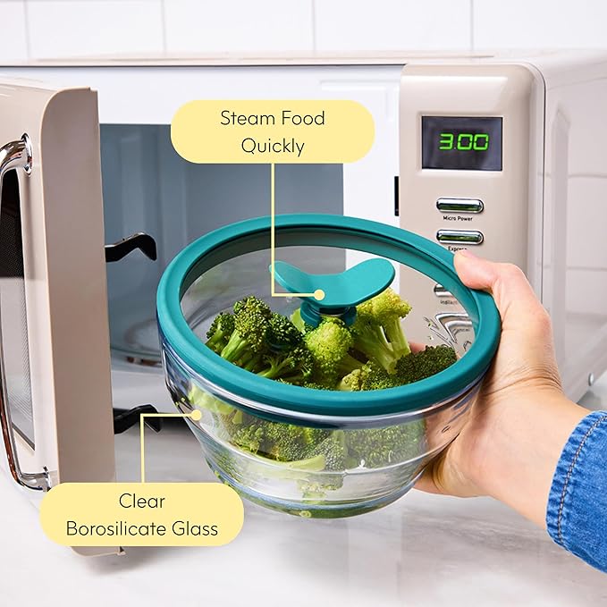 Anyday 4-Cup Glass Food Storage with Glass Lid, Round Shallow Dish | Plastic-Free Meal Prep & Microwave Cookware | Stackable Airtight Storage Container with Vented Lid for Microwave-Safe Reheating