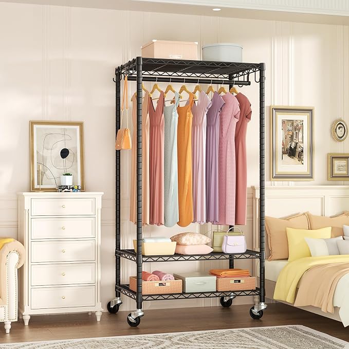FUTASSI Rolling Clothes Rack, Clothing Racks for Hanging Clothes, Black | P6 Heavy Duty Garment Rack with Wheels, 3 Tier Freestanding Portable Closet Rack with Shelves, 35.5 In Wide, Max Load 380 LBS