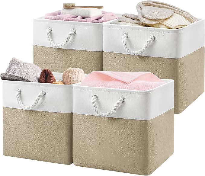Patvingot 13x13x13 Cube Storage Bins,4 Pack Large Foldable Fabric Storage Cubes with Handles for Organizing Home, Closet, Shelf, Office(White&Khaki)