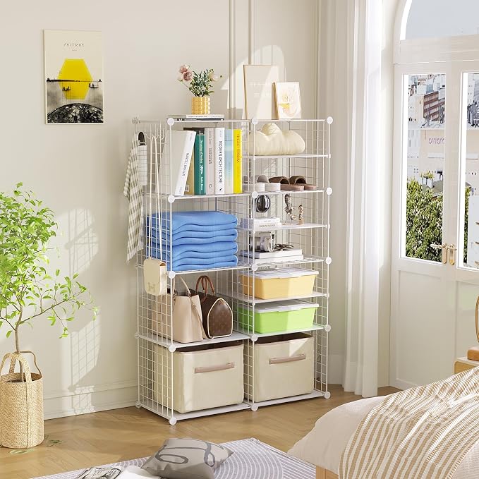 C&AHOME Wire Cube Storage Unit,Interlocking Metal Wire with Divider, White | Modular Cabinet with Plastic Panels Bookshelf Stackable Closet Organizer with Small Hooks