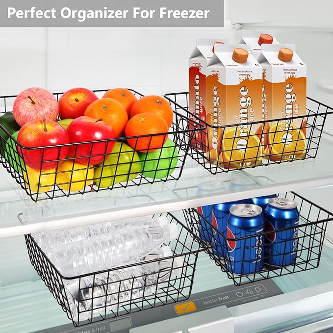 Wire Baskets for Organizing 4 Pack Pantry Baskets For Storage 11x8.7x4.7in | Wire Baskets for Kitchen Refrigerator Freezer Cabinet Shelf Garage,Metal Bin with Side Handles for Easy Pull (Black)