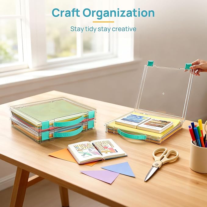 Vtopmart 3 Pack Board Game Storage with Handle and Snap-Tight Latch Lid | Clear Craft Organizer Fit 12" x 12" Papers, Stackable Storage Box for Scrapbook Storage, Art Supply Storage, Puzzle Storage