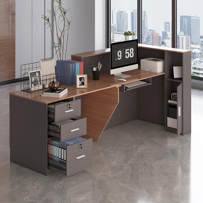 L-Shaped Reception Desk,Large Front Desk with Keyboard Tray, Lockable Drawers & File Cabinet, Receptionist Desk for Checkout,Lobby (Left L-Walnut/Slate Gray, 71''L x 23.6''W x 41.3''H)