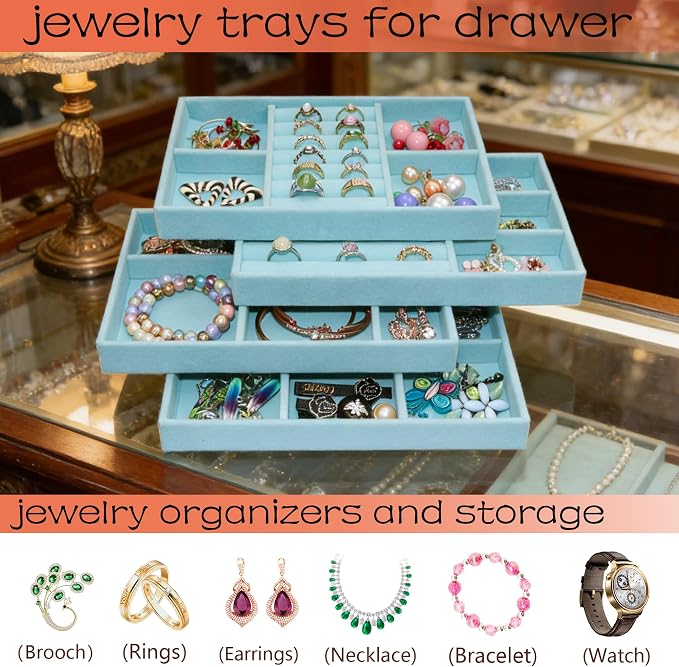 Jewelry Organizer Tray Set of 8, Stackable Velvet Jewelry Trays with Removable Dividers, Drawer Inserts Earring Organizer for Women, Jewelry Storage Display Case for Rings Necklaces Bracelets, Blue