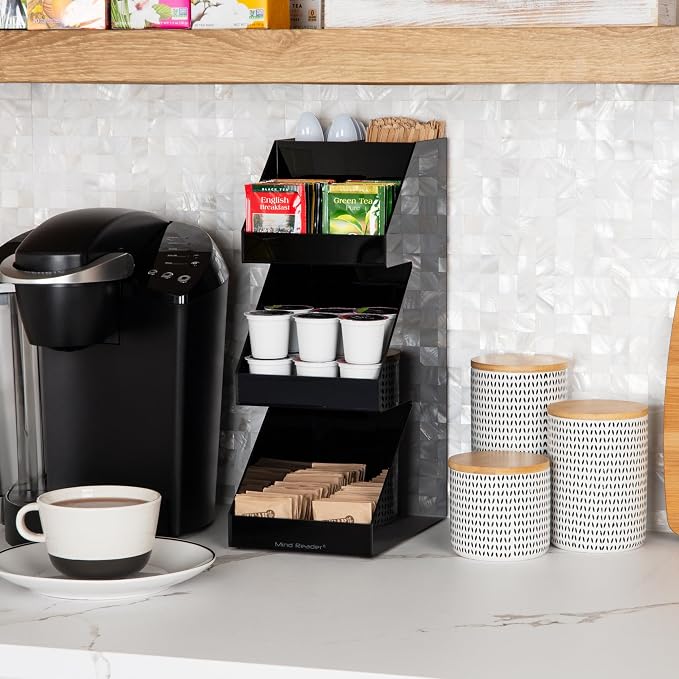 Mind Reader Coffee Tea Utensil and Condiment Station, Countertop Organizer, Coffee Bar, Kitchen, 6"L x 9"W x 16"H, Black | Countertop Organizer, Coffee Bar, Kitchen