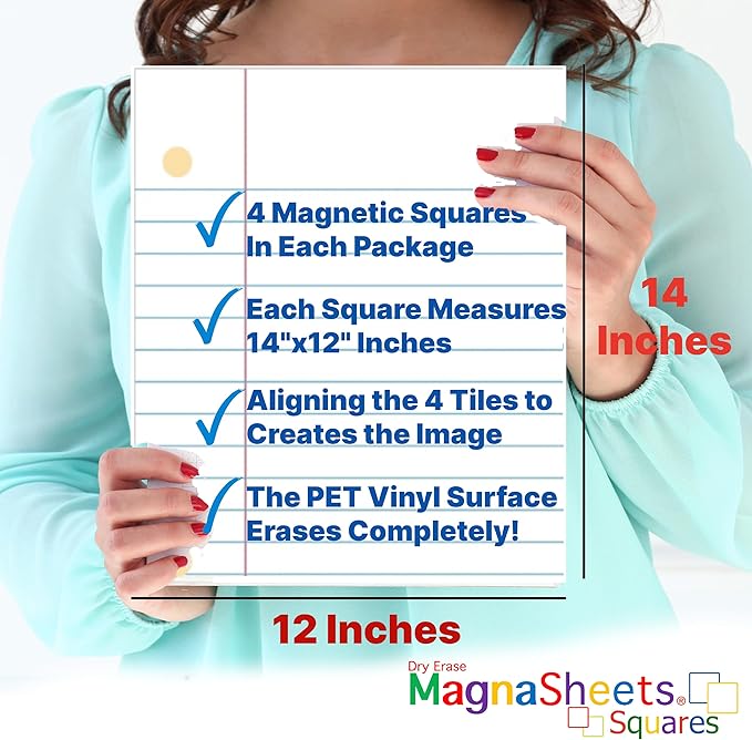 MAGNASHEET SQUARES Jumbo 4 Panel Magnetic Dry Erase Notebook Paper for Teachers Classrooms Whiteboards | 22x28 Inch | 100% Complete Erase! No Staining! | Must Haves Supplies