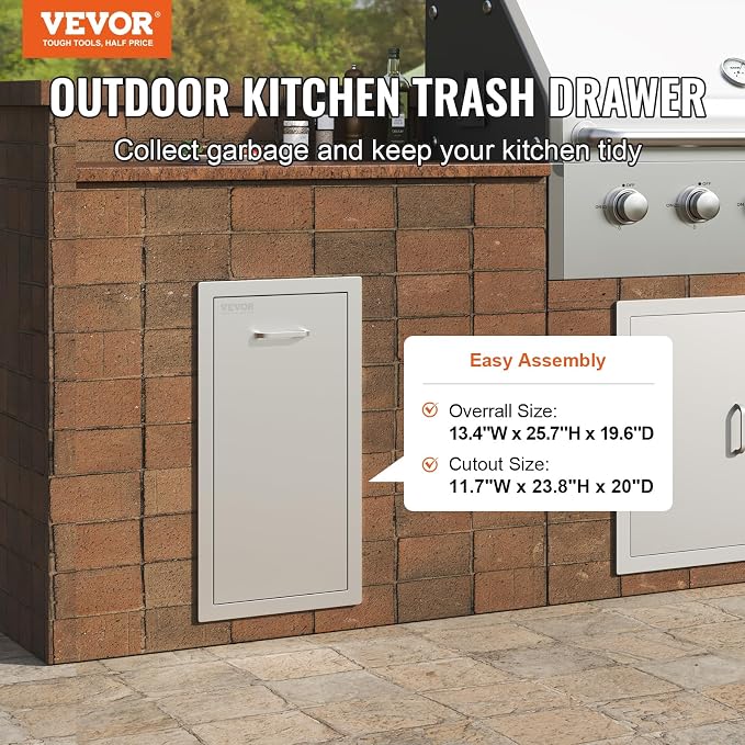 VEVOR Pull-Out Trash Drawer 13.4"W x 25.7"H x 19.6"D Lower Sliding Rails Steel Roll-Out Trash Bin Pull-Out Tray Outdoor Handled Kitchen Trash Drawer for BBQ Island Grill Station Trash Can NOT Included | Steel Roll-Out Trash Bin Tray Outdoor Handled Kit...