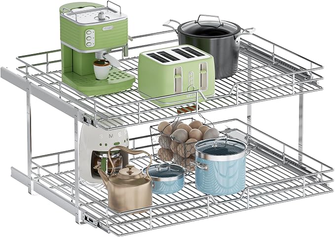 2-Tier Pull Out Cabinet Organizer, 27" W x 21.5" D, Heavy Duty Dual Slide Out Shelves for Wide Base Cabinets, Chrome Wire Basket Drawer for Pots, Pans, Pantry & Cleaning Supplies