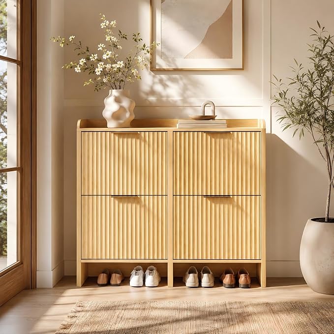 VINGLI 43.5" Large Oak Fluted Shoe Storage Cabinet with 4 Flip Drawers, Slim Entryway Shoe Organizer with Unique Curved Side Panels, Natural Wood Shoe Rack for Hallway, High Capacity Hidden Shoe Shelf
