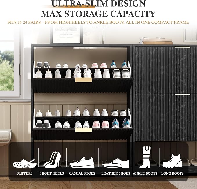 Garvee Shoe Storage Cabinet with 2 Flip Drawers,Slim Fluted Shoe Rack Cabinet with Open Storage,Wooden Hidden Shoe Rack Freestanding Narrow Shoes Organizer for Hallway, Entrance,Foyer,Black